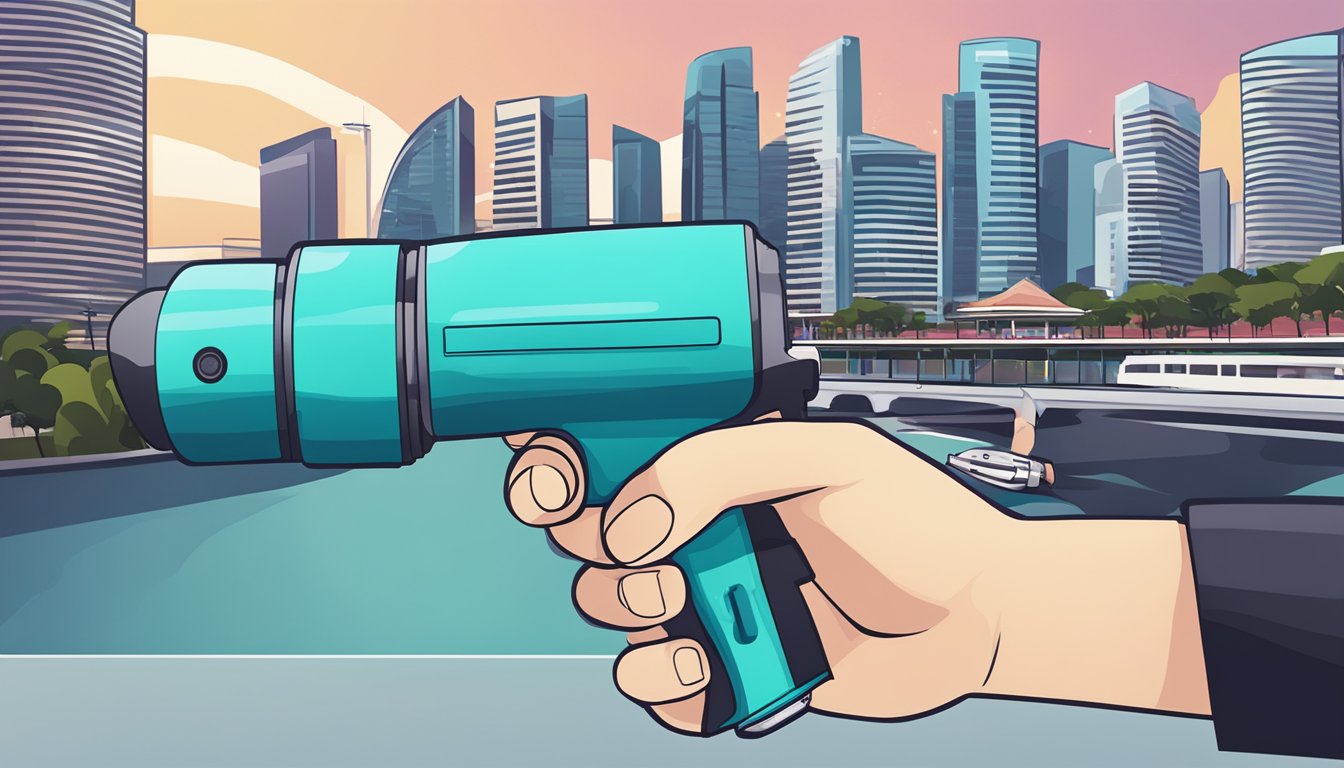 A hand holding a Hypervolt massage gun with the Singapore skyline in the background