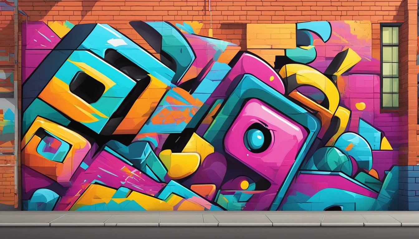 Colorful graffiti covers a brick wall, with a sign reading "buy street art online" above it. The vibrant artwork features abstract shapes and bold lines, creating an eye-catching display