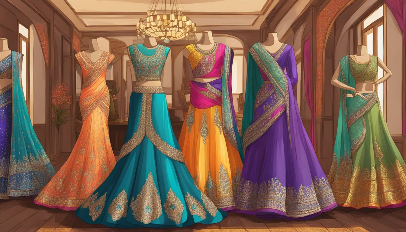 Vibrant Bollywood dresses displayed on mannequins in an opulent boutique setting. Rich colors, intricate embroidery, and flowing fabrics exude elegance and glamour