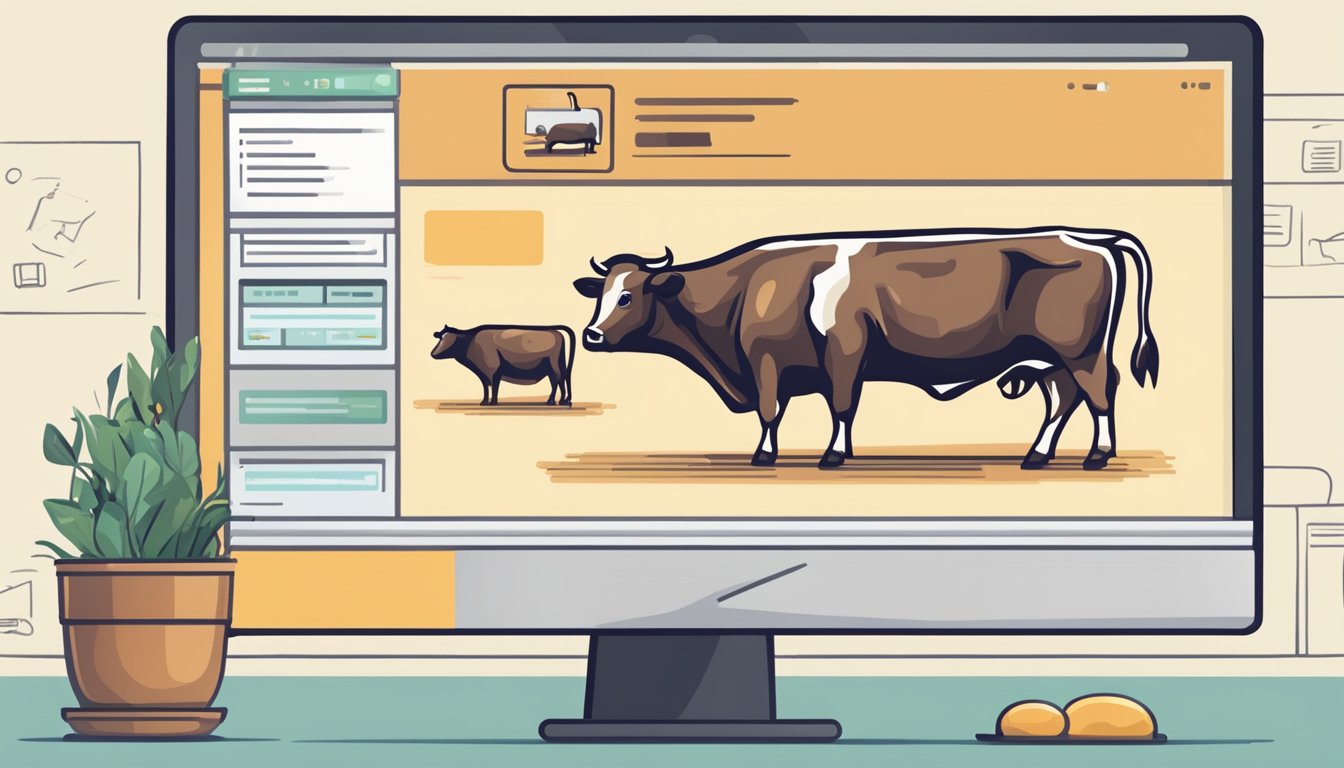 A computer screen displays a website with various cuts of beef available for purchase. A cursor hovers over the "add to cart" button