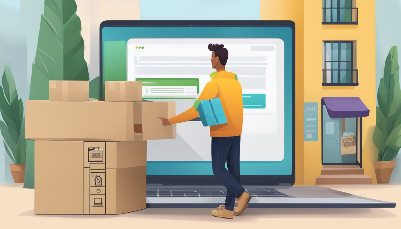 A customer clicks "order" on a computer. A delivery person drops off a package at the customer's doorstep