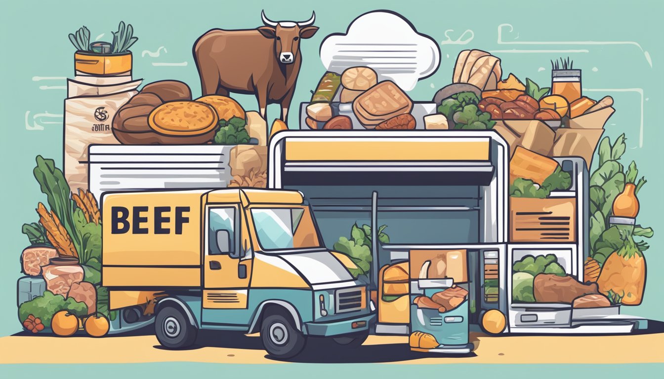 A laptop displaying a webpage with the title "Frequently Asked Questions buy beef online singapore" surrounded by various meat products and a delivery truck in the background