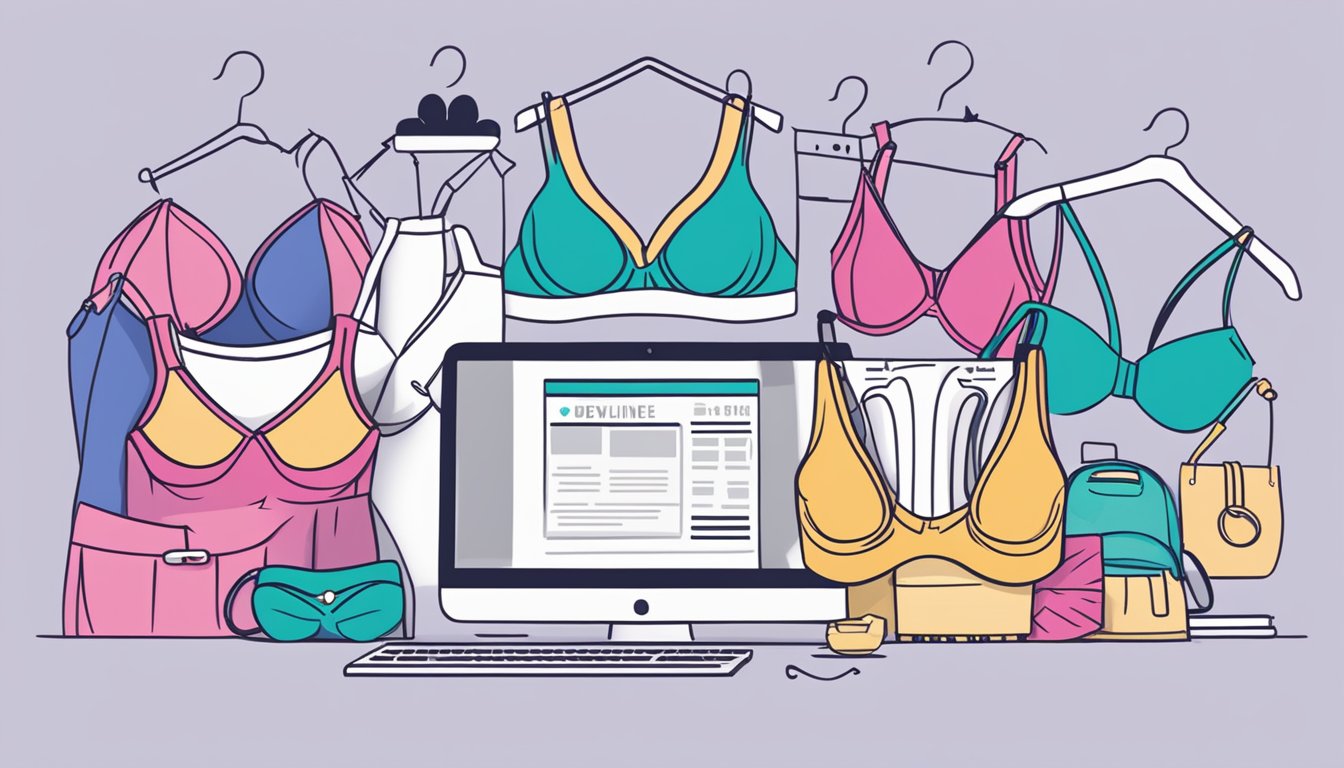 A computer screen displaying a website with the words "buy jockey bra online" in bold letters, surrounded by various bra designs and a "add to cart" button
