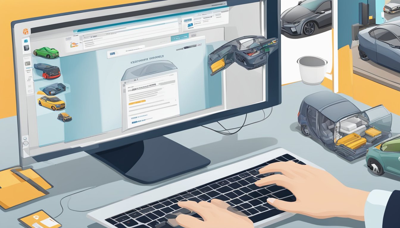 A computer screen displaying a website with various Toyota parts for sale. A hand moves a mouse to click on a specific part for purchase