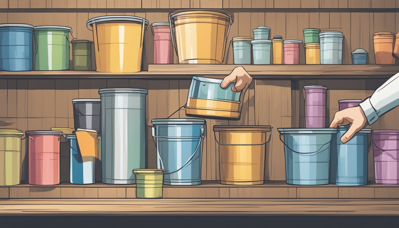 A hand reaches for a bucket on a shelf, surrounded by various sizes and colors. The label reads "Choosing the Right Bucket."