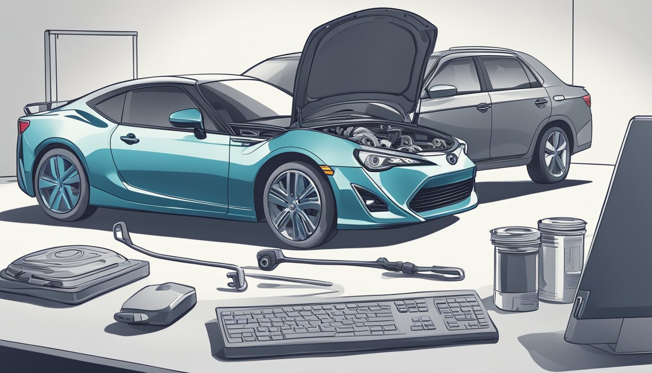 A hand clicks "Add to Cart" on a computer screen. A package labeled "Toyota Parts" arrives. A wrench tightens a new part under a car hood