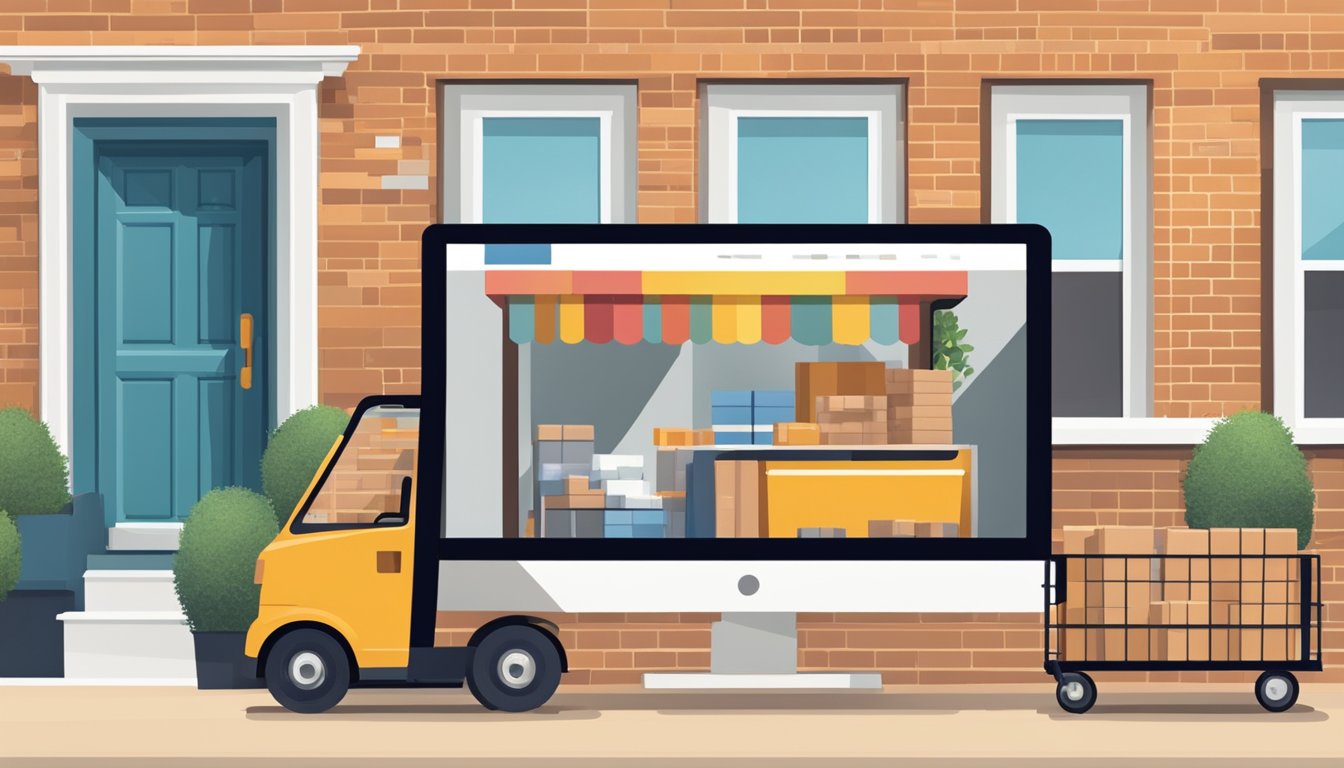 A computer screen displaying a website with a shopping cart filled with bricks. A delivery truck parked outside a house, with a person receiving the bricks