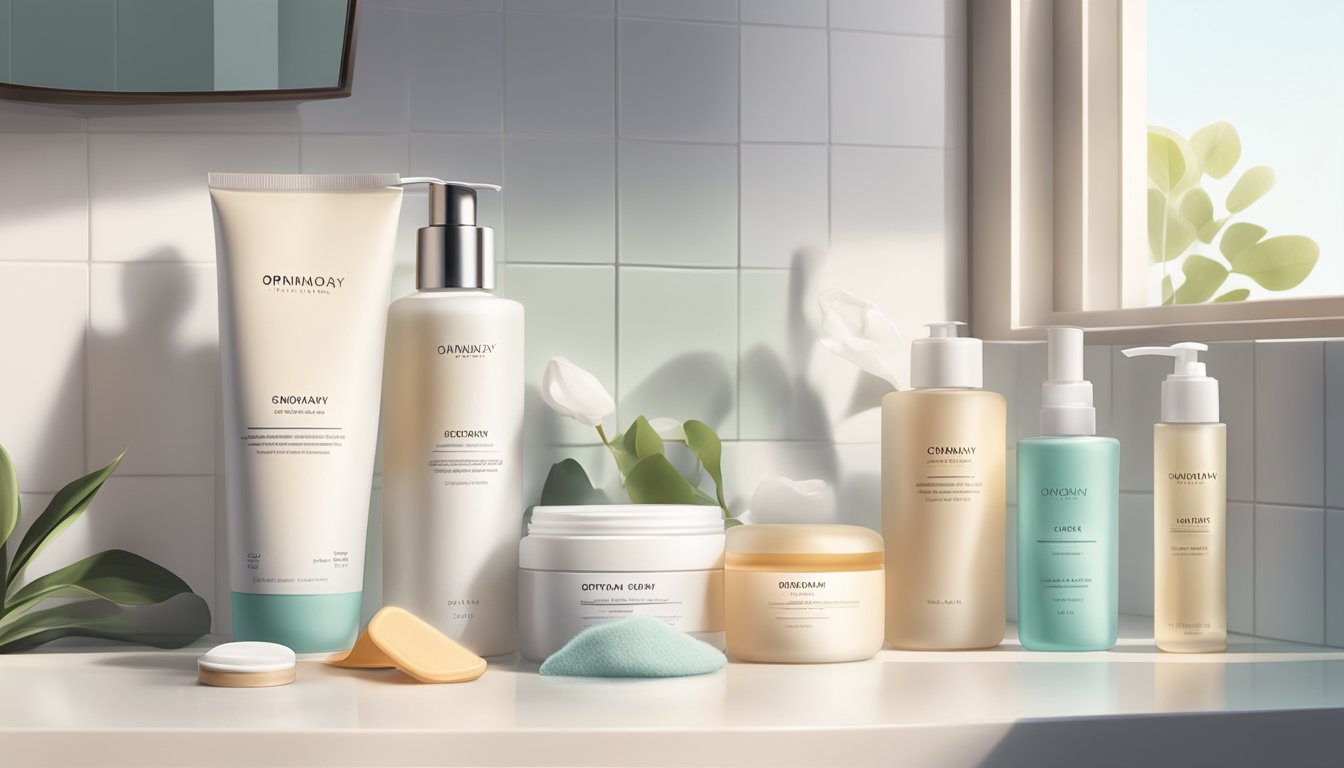 A bathroom counter with The Ordinary skincare products neatly arranged, a soft towel, and natural light streaming in through a window