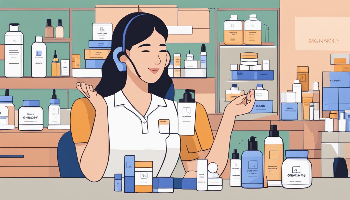 A stack of FAQ cards with The Ordinary Singapore logo, surrounded by diverse skincare products and a customer service representative ready to assist