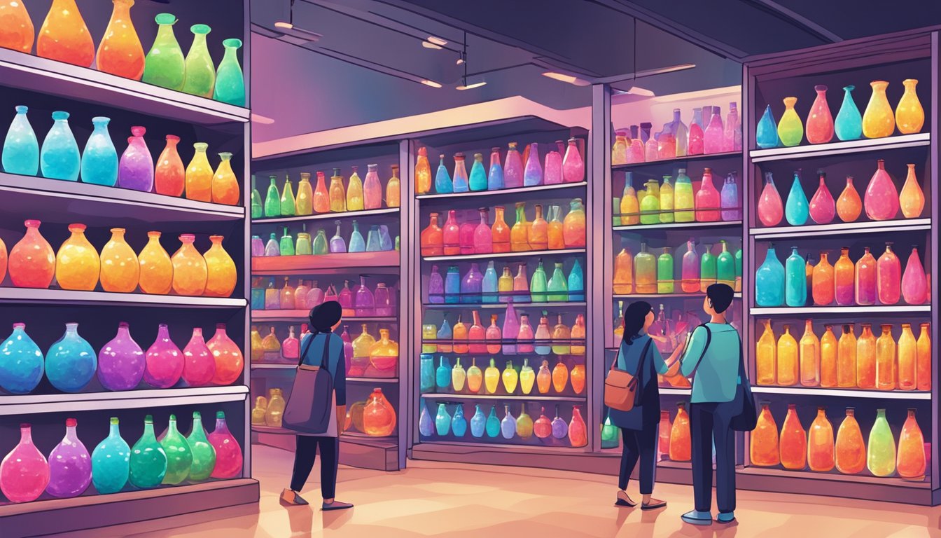 A brightly lit store in Singapore displays shelves of colorful lava lamps, with customers browsing and pointing at different designs