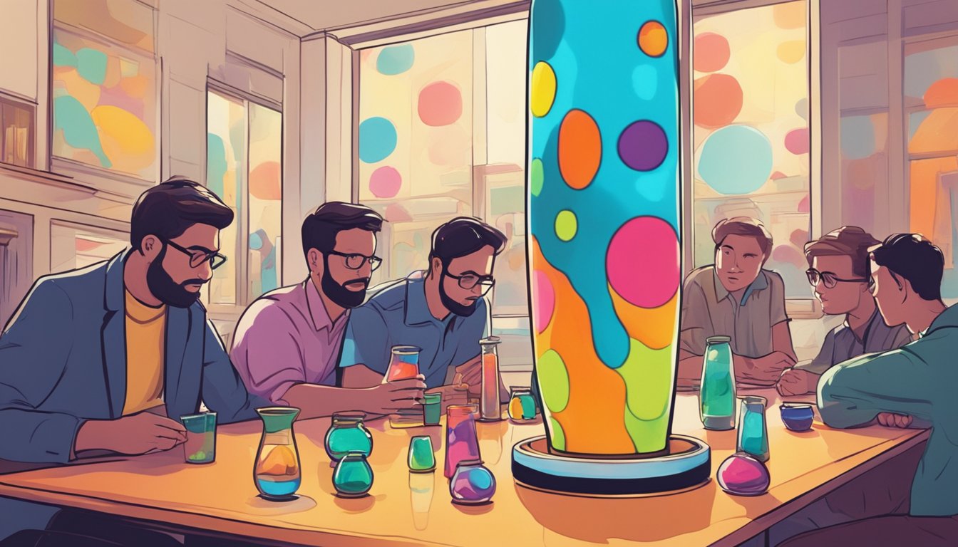 A lava lamp sits on a sleek table, surrounded by curious onlookers. The lamp's colorful blobs of liquid rise and fall, captivating the viewers