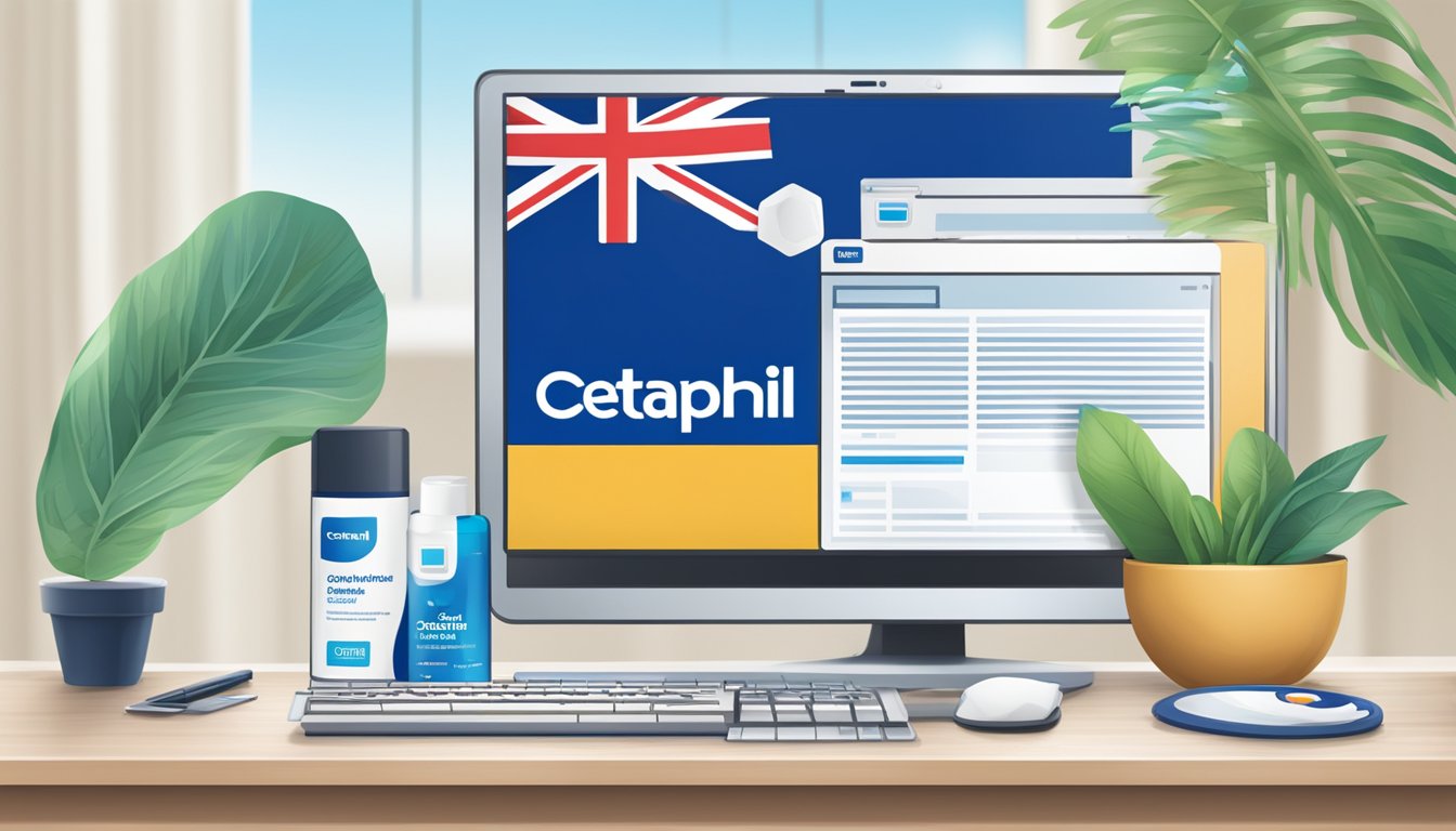 A computer with a browser open to a website selling Cetaphil products, with the Singapore flag in the background