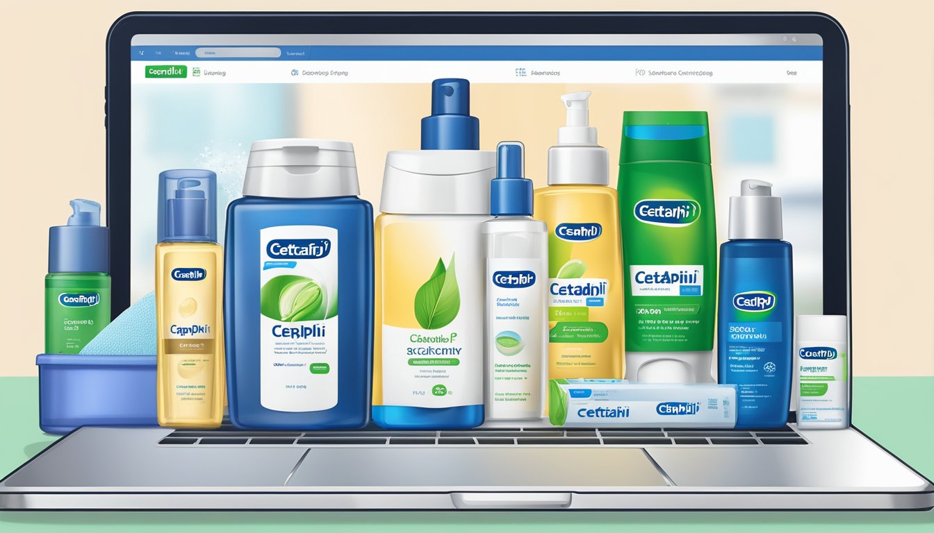 A laptop screen displays Cetaphil products on an online store in Singapore. The website features various skincare items and a shopping cart icon