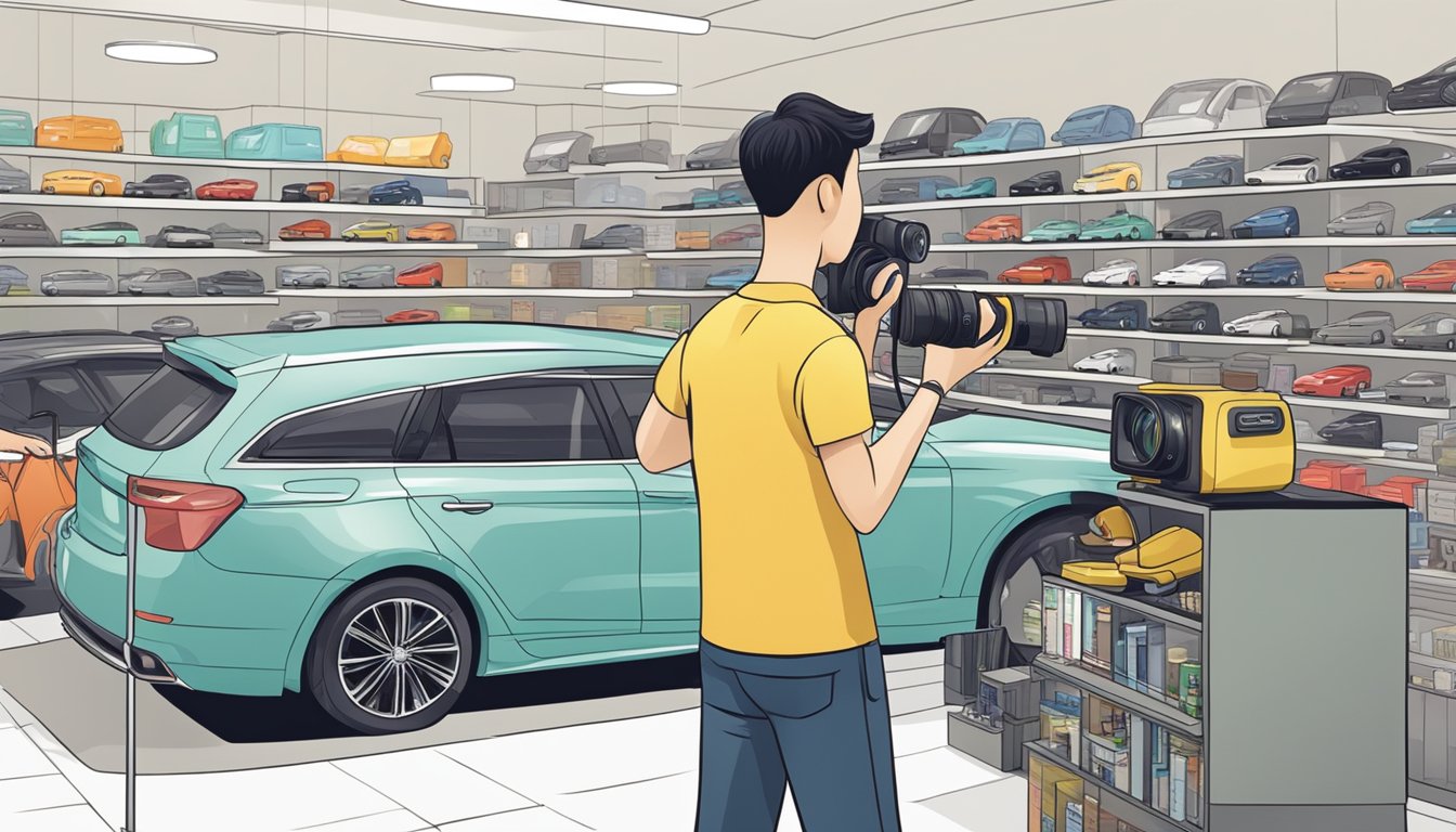 A customer carefully chooses a car camera from a display in a Singaporean shop