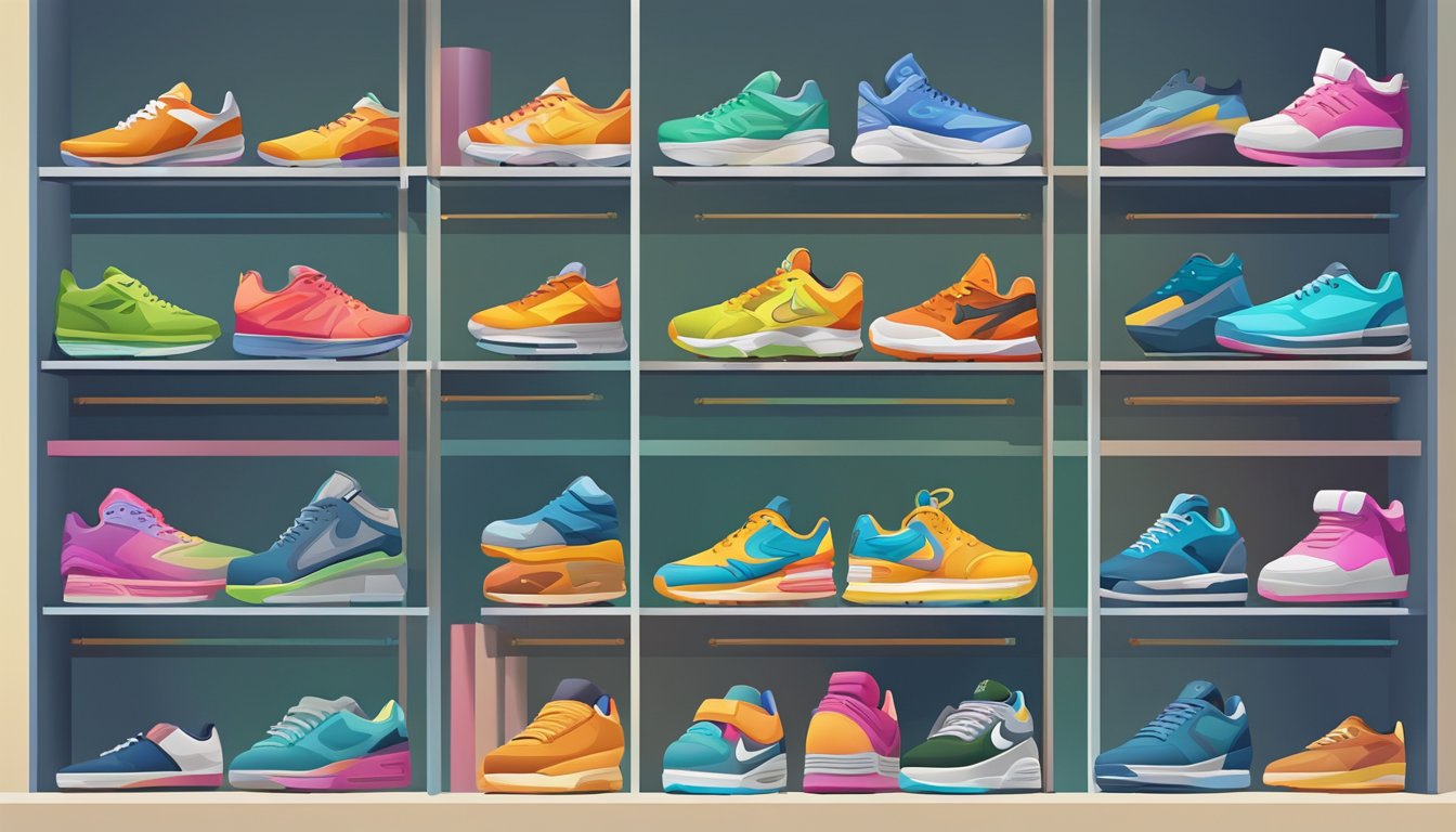 A colorful array of trainers displayed on shelves, with various styles and sizes, available for purchase online