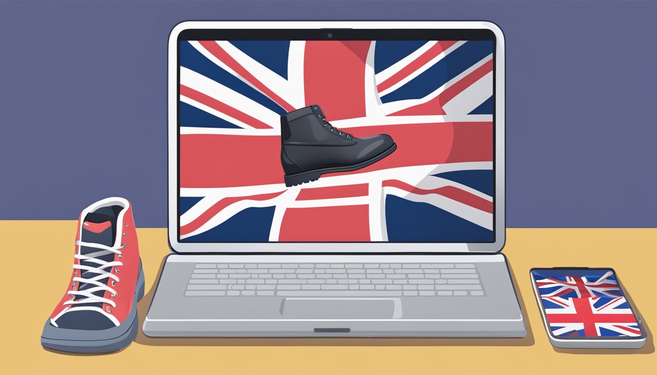 A laptop displaying various online shoe stores with the UK flag in the background