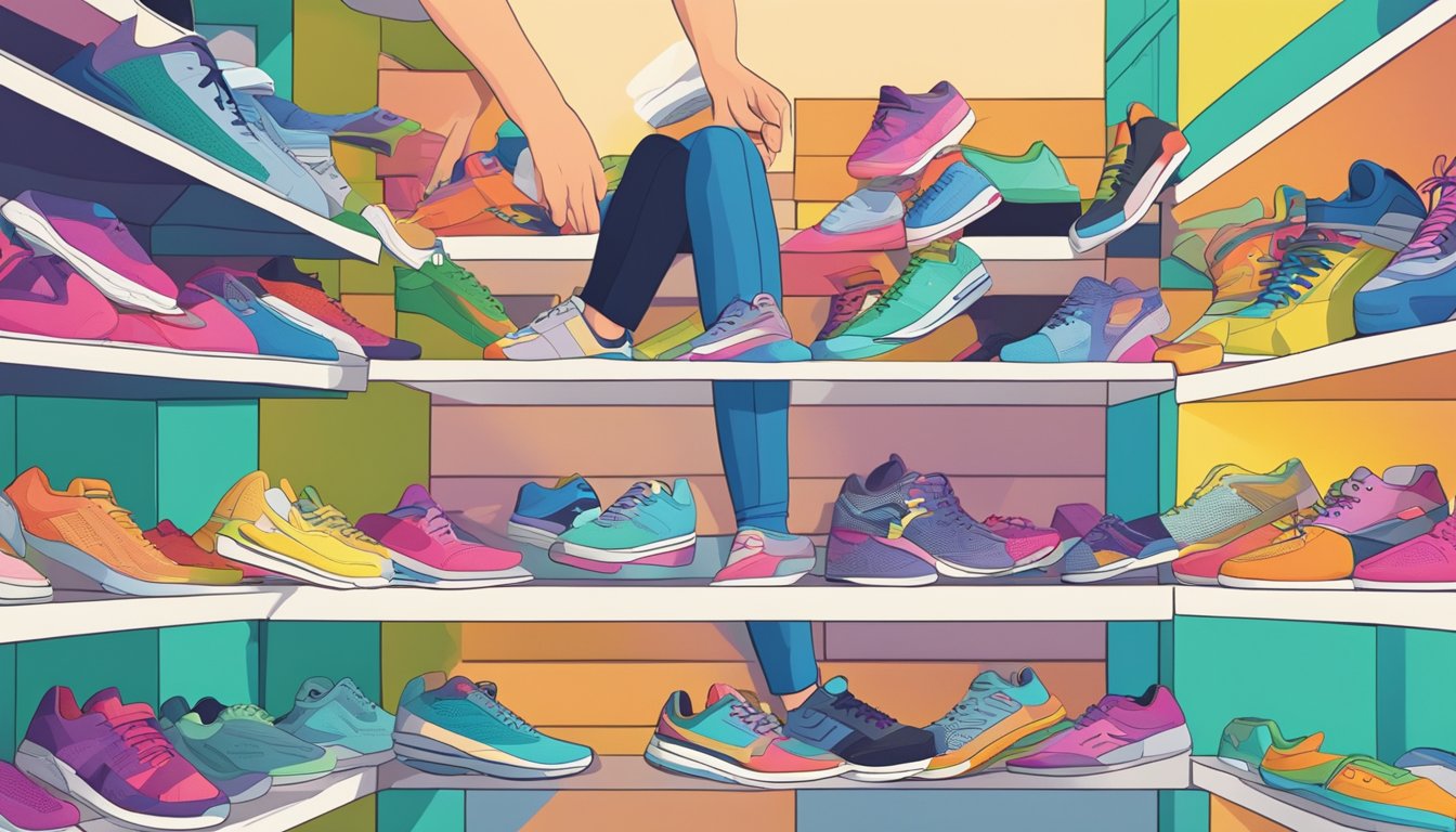 Customers browsing through shelves of colorful sneakers with a "Frequently Asked Questions" sign above