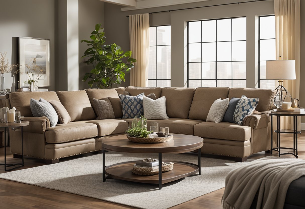 A Flexsteel sectional sits in a cozy living room, surrounded by soft pillows and warm blankets. The room is filled with natural light, and a side table holds a cup of steaming coffee