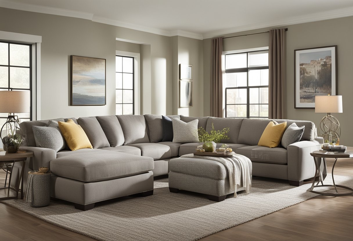 A spacious Flexsteel sectional, with plush cushions and sleek lines, sits in a well-lit living room, surrounded by modern decor and a cozy throw blanket