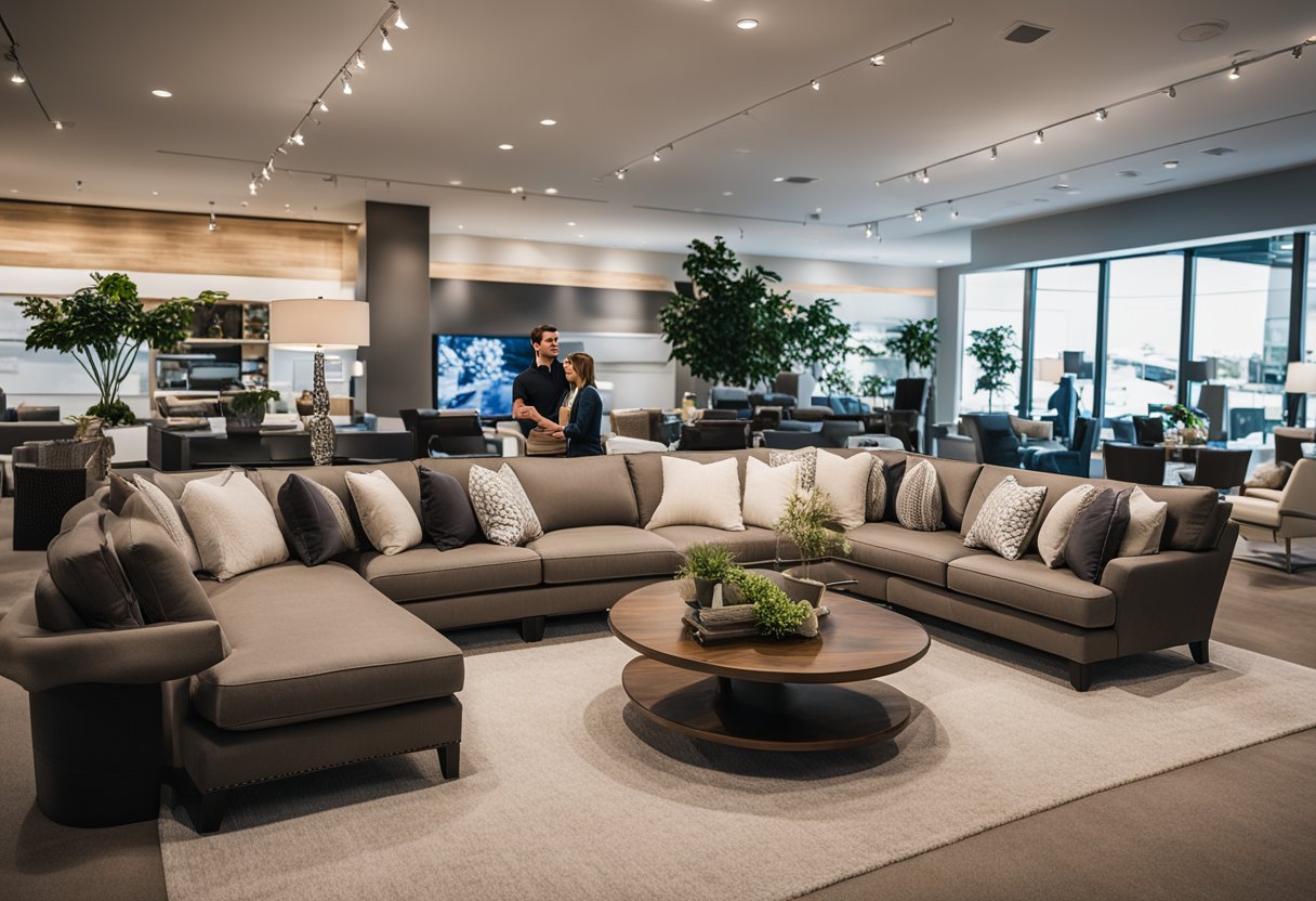 A couple browses through a showroom, admiring a Flexsteel sectional with plush cushions and sleek design. A salesperson assists them, pointing out features and benefits