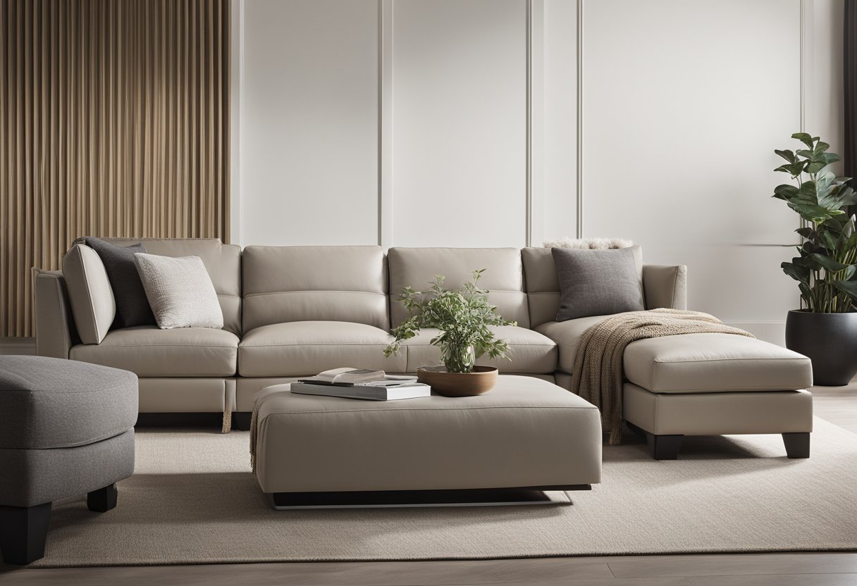 A sleek and modern lindyn fog sectional, with clean lines and minimalist design, set against a backdrop of neutral, earthy tones