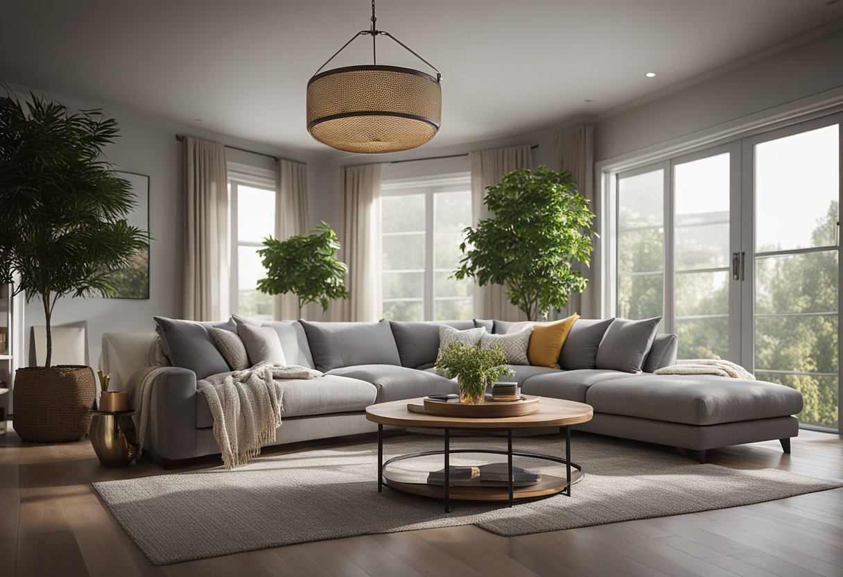 A cozy living room with a lindyn fog sectional as the focal point, inviting and comfortable for lounging and relaxation