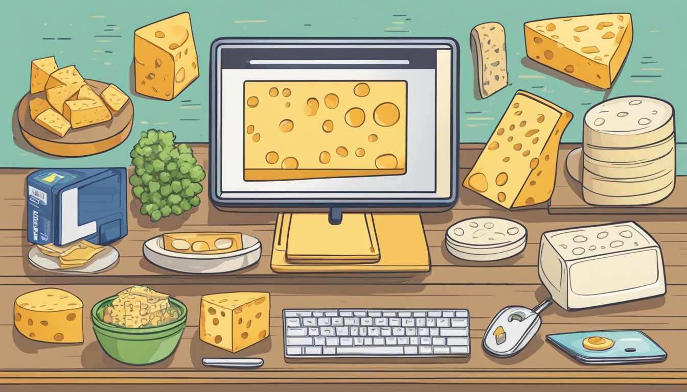 A computer screen displaying a variety of cheese options. A cursor hovers over a "Add to Cart" button. A credit card sits nearby