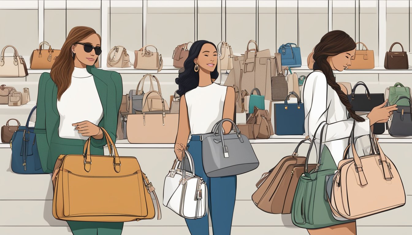 Customers browsing through a variety of handbags displayed on a website, with a "Frequently Asked Questions" section visible on the screen