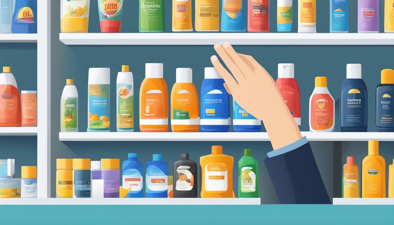 A hand reaches for a shelf of various lubricant products, with a computer in the background displaying an online shopping website