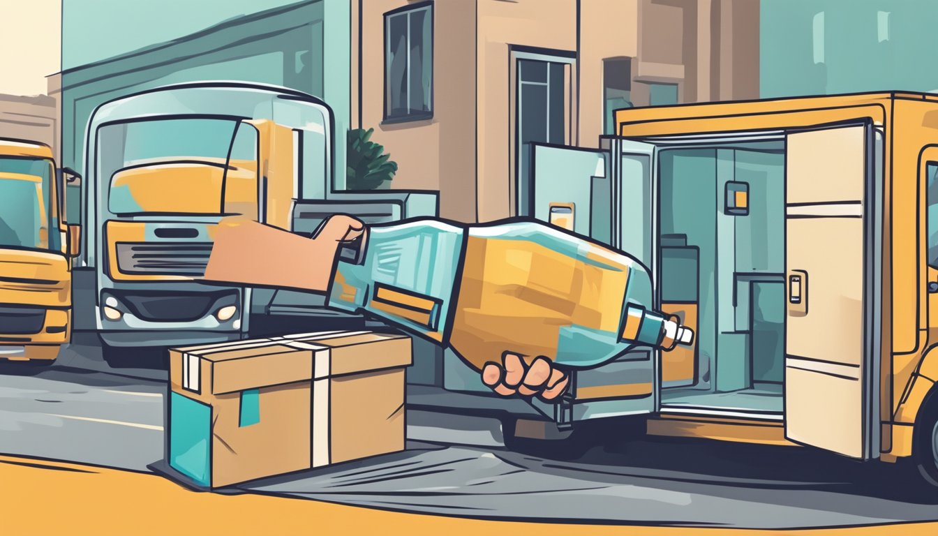 A hand reaches for a bottle of lubricant on a computer screen. A delivery truck drops off the package at a doorstep