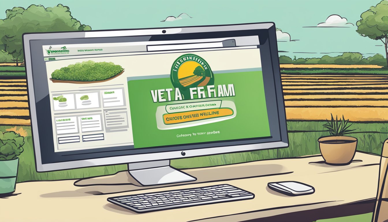 A computer screen displaying the Vetafarm website with a cursor clicking on the "buy online" button