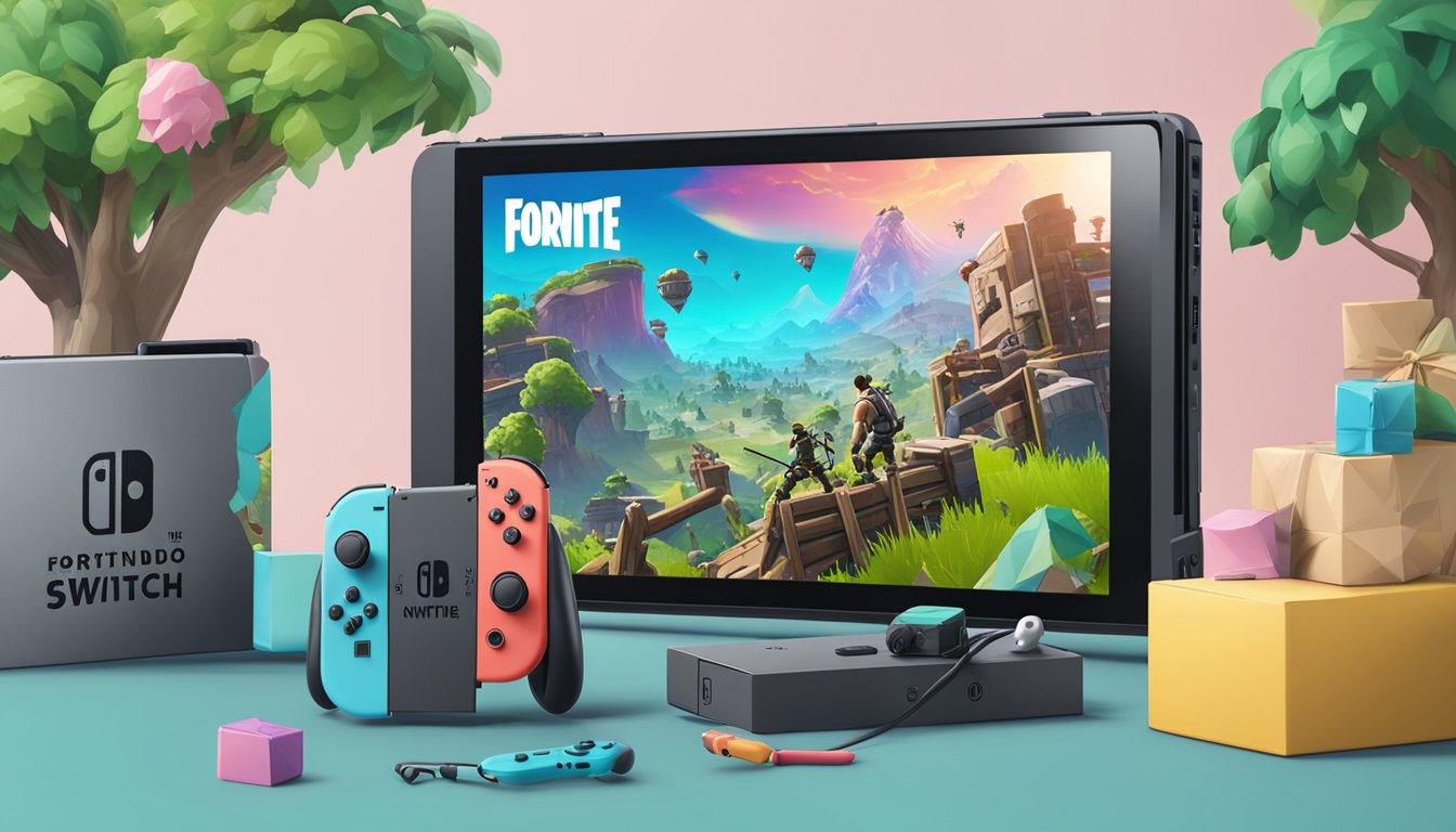 A Nintendo Switch with a Fortnite game on the screen, surrounded by virtual V-Bucks and an online purchase prompt