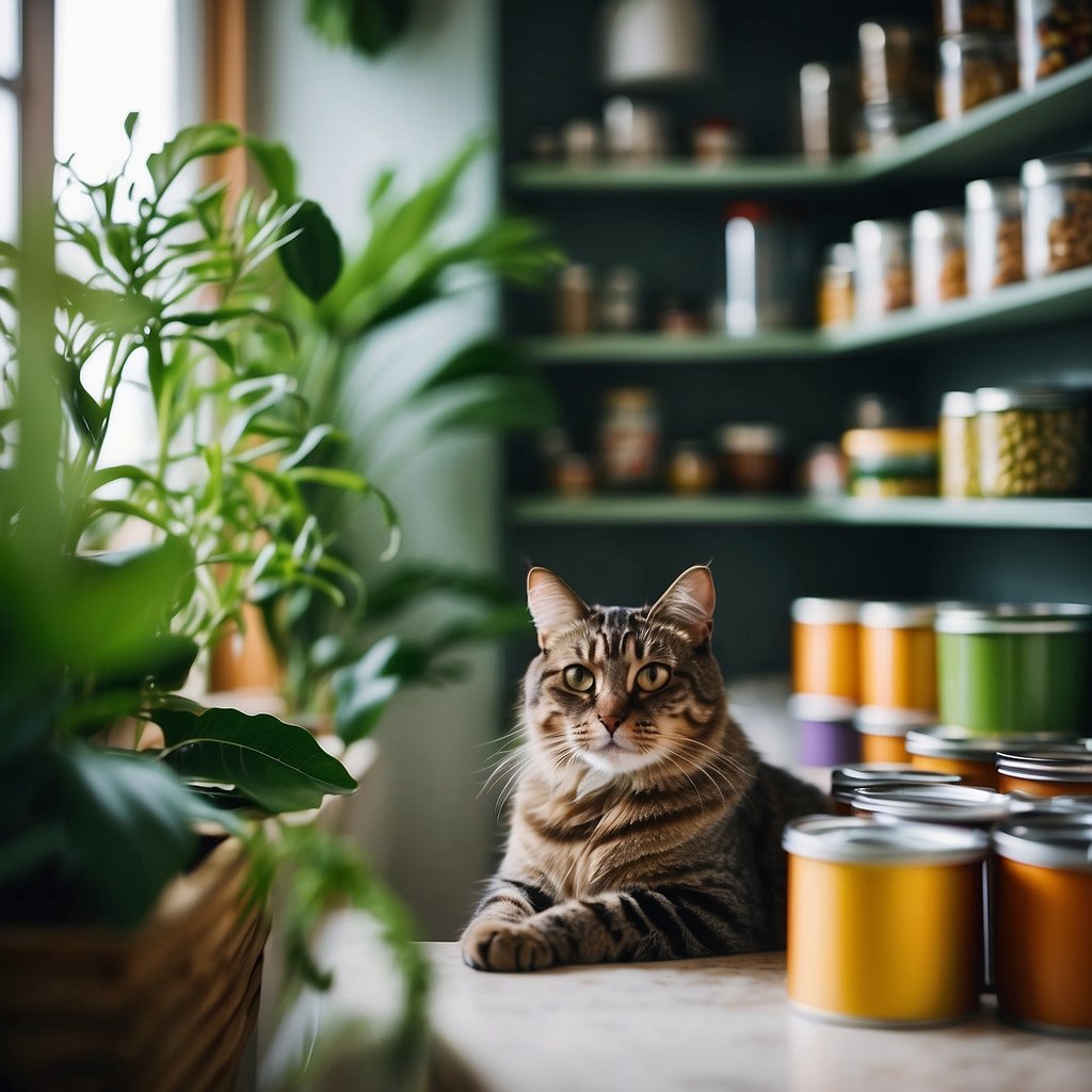 A sleek, modern kitchen with shelves stocked full of colorful, organic cat food cans and bags. A contented cat lounges nearby, surrounded by lush green plants