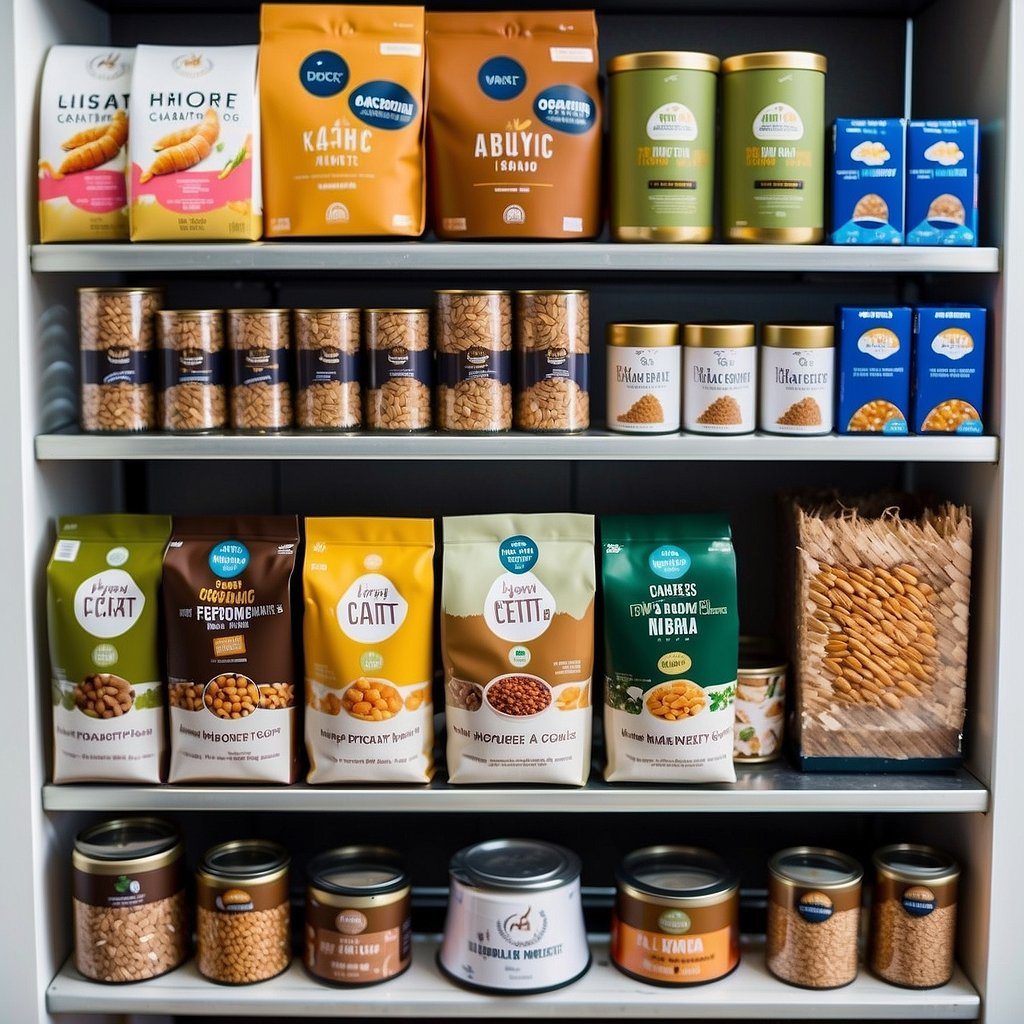 A variety of organic cat food brands displayed on shelves with labels indicating "Best Organic Cat Food in 2024."