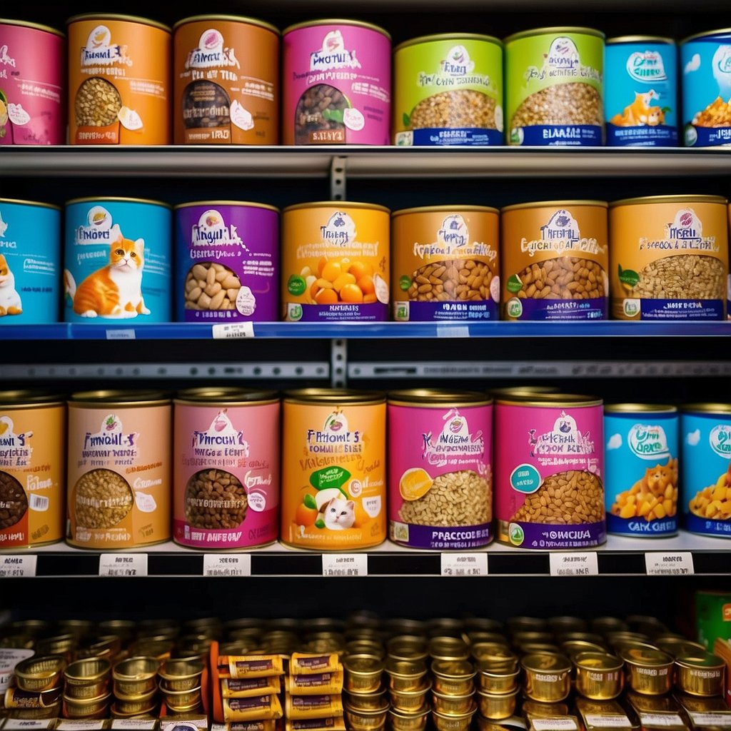 A variety of organic cat food brands displayed on a shelf with colorful packaging and labels, surrounded by images of happy indoor cats