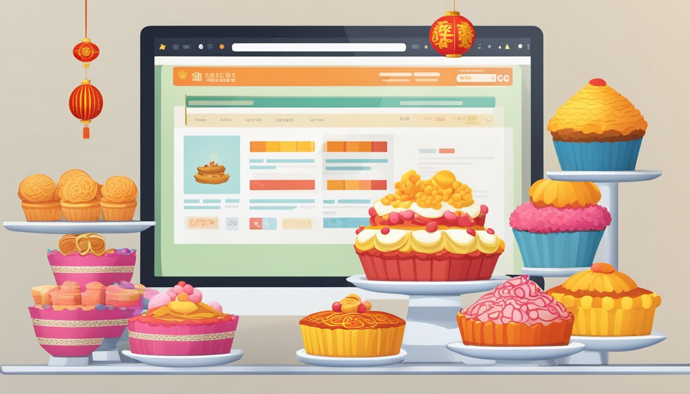 A computer screen displaying a website with a variety of Chinese New Year cakes available for purchase. A cursor hovers over the "add to cart" button