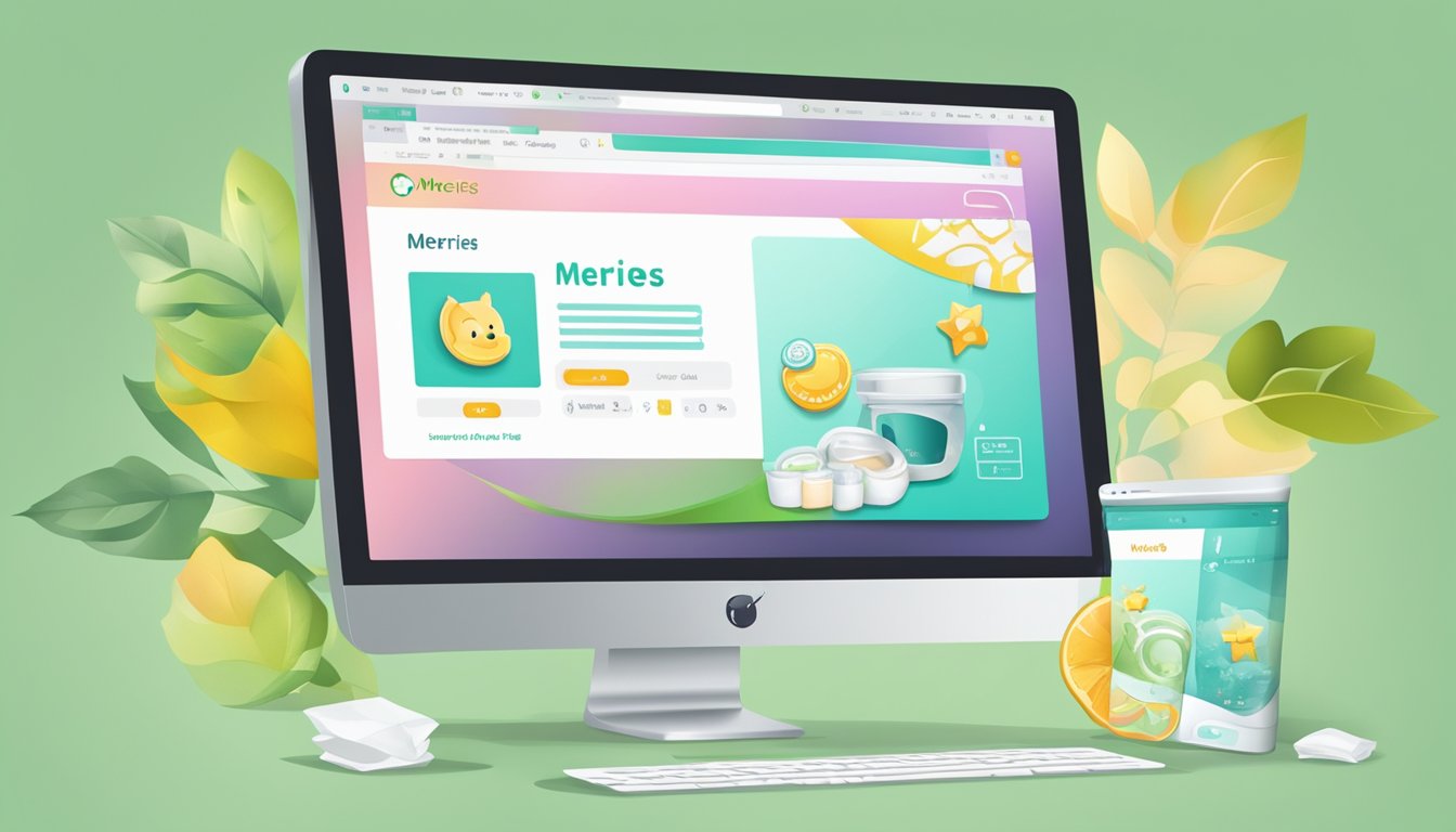 A computer screen displaying a website with the "Merries Diapers" logo and a "Buy Now" button. A cursor hovers over the button, ready to click