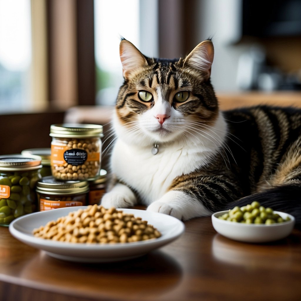 A sleek, contented cat lounges beside a bowl of organic cat food, surrounded by vibrant, fresh ingredients. The packaging proudly displays "Best Organic Cat Food in 2024."