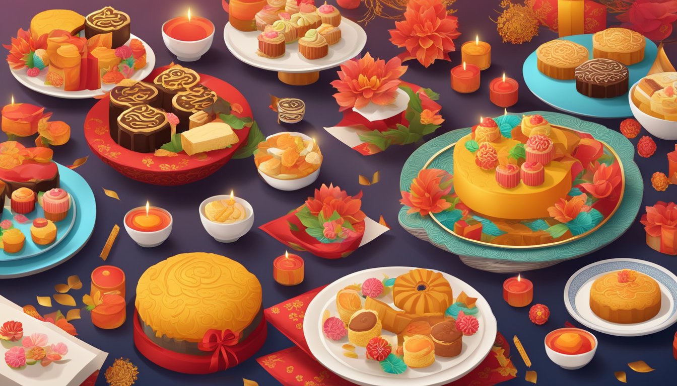 A festive table adorned with colorful Chinese New Year cakes, surrounded by vibrant decorations and traditional symbols