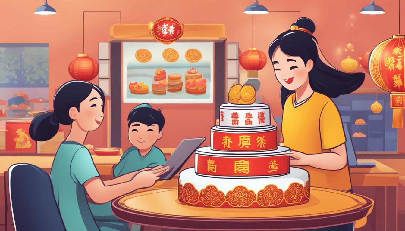 A customer clicks "order" on a Chinese New Year cake website. Delivery options pop up, including express and standard shipping