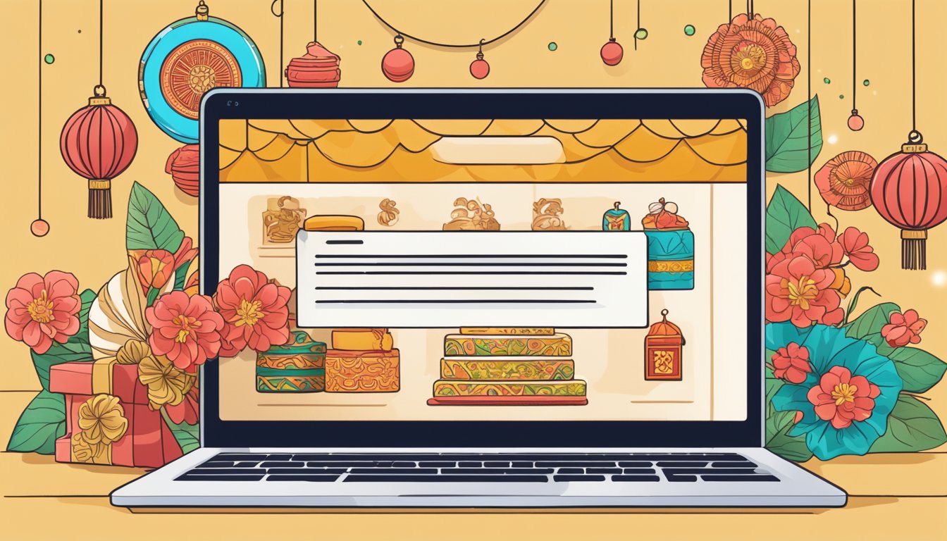 A laptop displaying a website with the title "Frequently Asked Questions buy chinese new year cake online" surrounded by festive decorations
