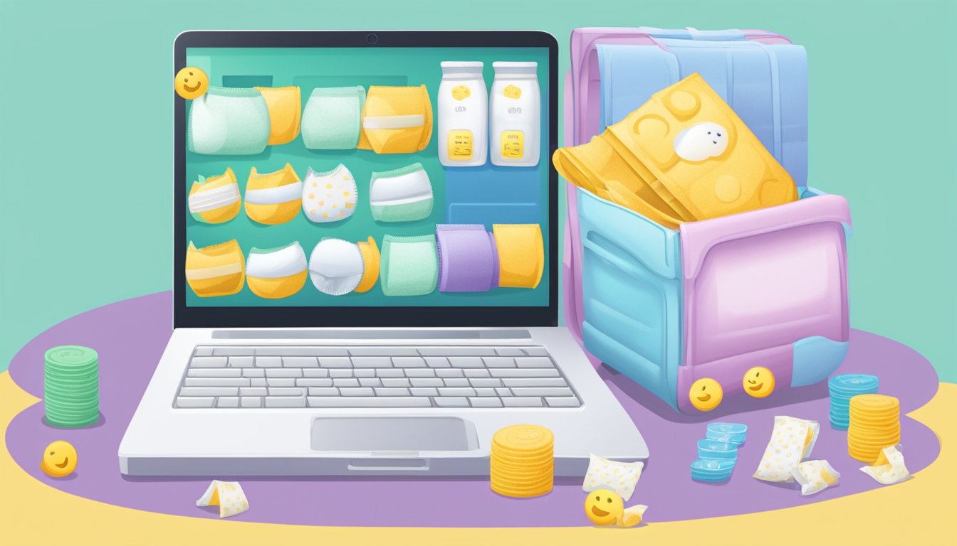 A laptop with a cart full of Merries diapers, a credit card, and a smiling emoji