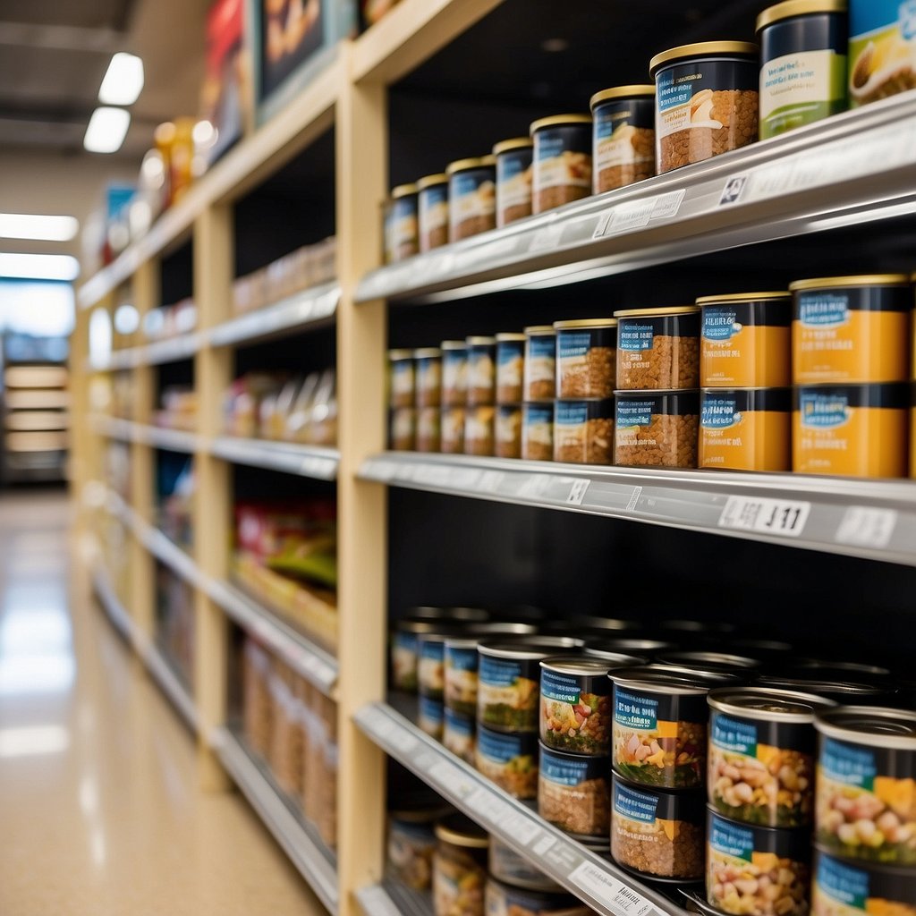 A colorful display of premium organic cat food options on shelves, with clear labels and natural imagery, set in a modern pet store