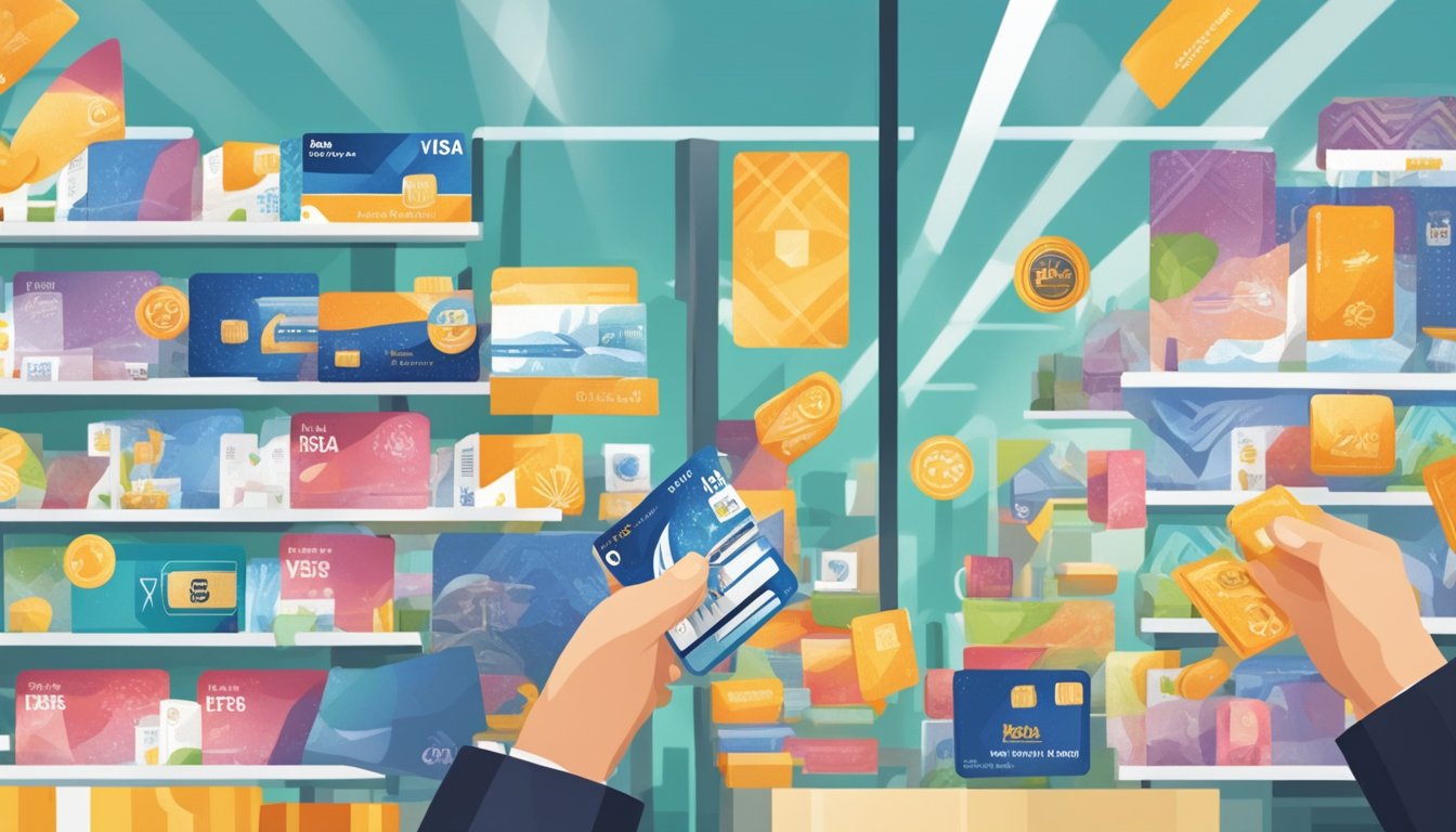 A hand reaches for a Visa gift card on a shelf, surrounded by various card designs and denominations. The background is a bright and modern retail setting
