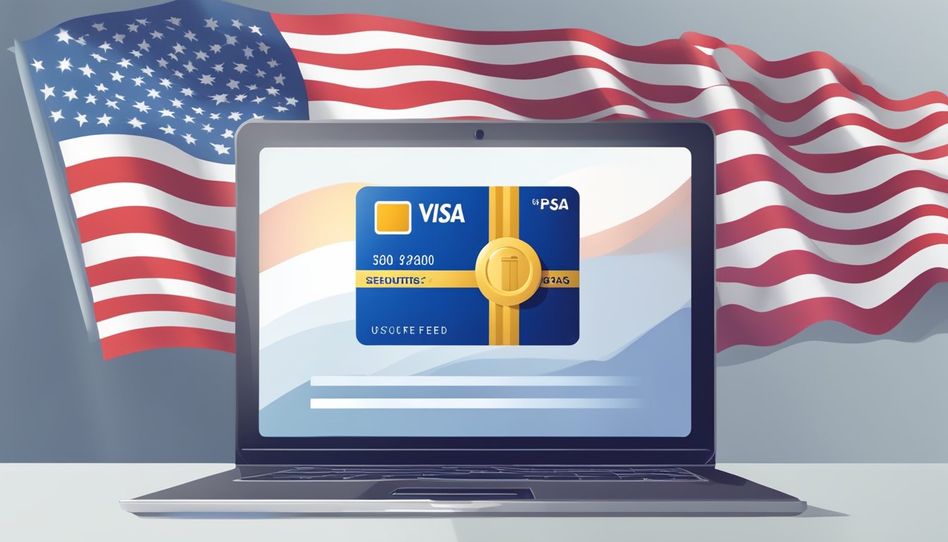 A computer screen displaying a secure online purchase of a Visa gift card with a USA flag in the background