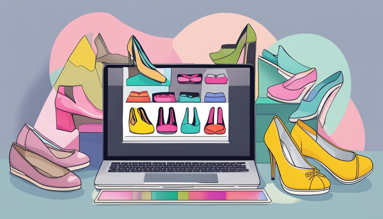 A laptop displaying a variety of women's shoes on an online shopping website