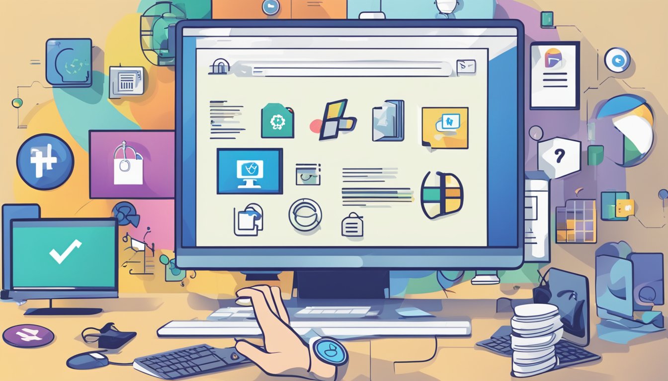 A hand reaching out to a computer screen with a "buy windows 10 key online" displayed, surrounded by digital icons and symbols