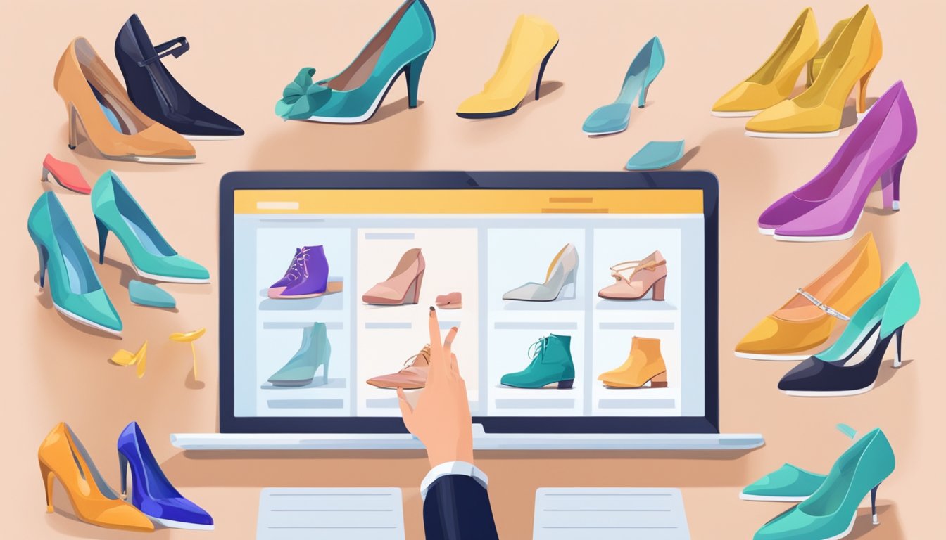 A woman's hand clicks "Add to Cart" on a laptop, surrounded by various stylish women's shoes displayed on the screen