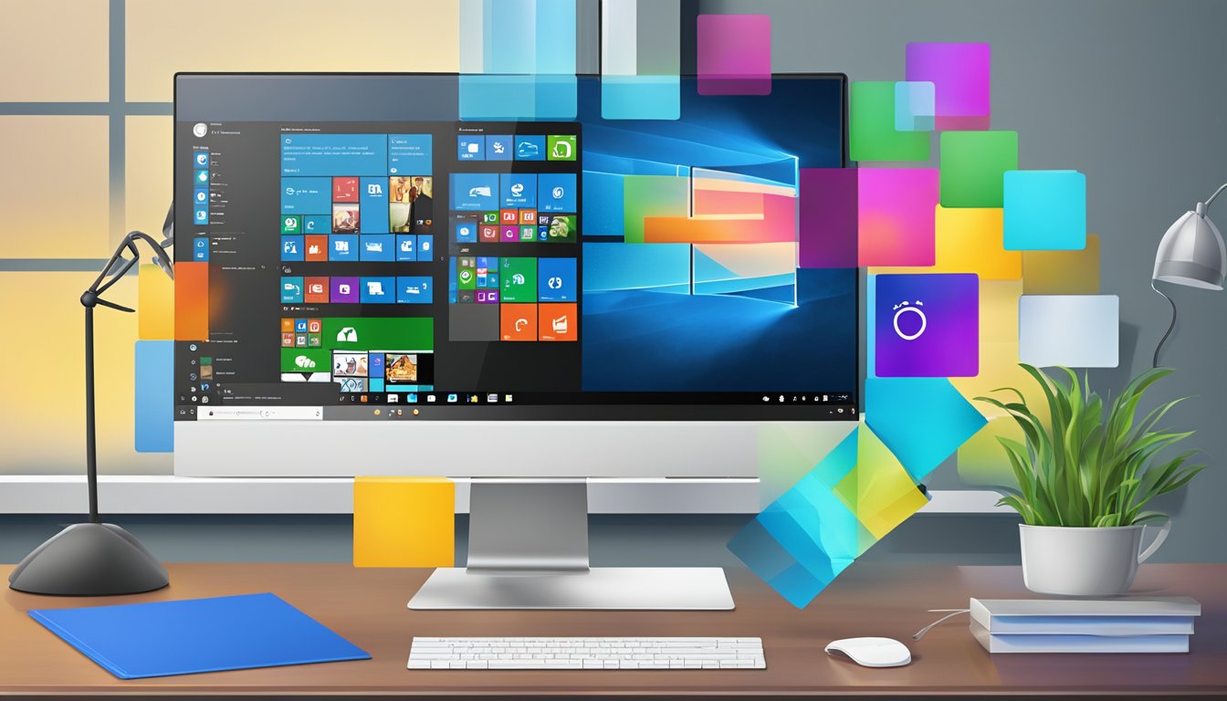 A computer screen displaying the Windows 10 desktop with various open applications and a vibrant, customizable background