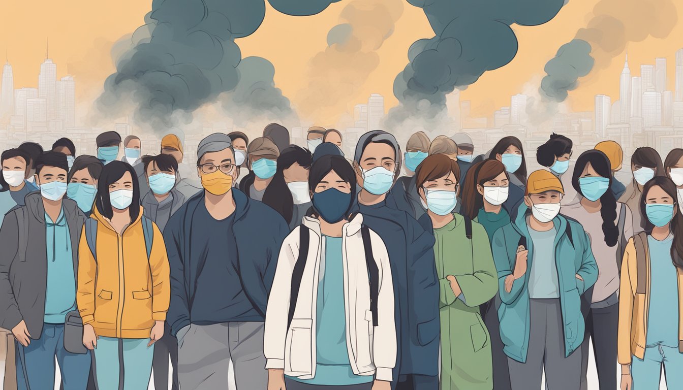 A person wearing an N99 mask while surrounded by polluted air and other people without masks